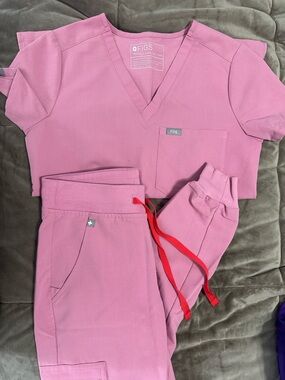 Figs Sunrise Pink Scrub Set with Red Drawcords